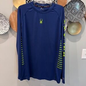 Spyder Mens Rash Guard Long Sleeve Navy Blue Lime Green UPF 30+ Swim Shirt L